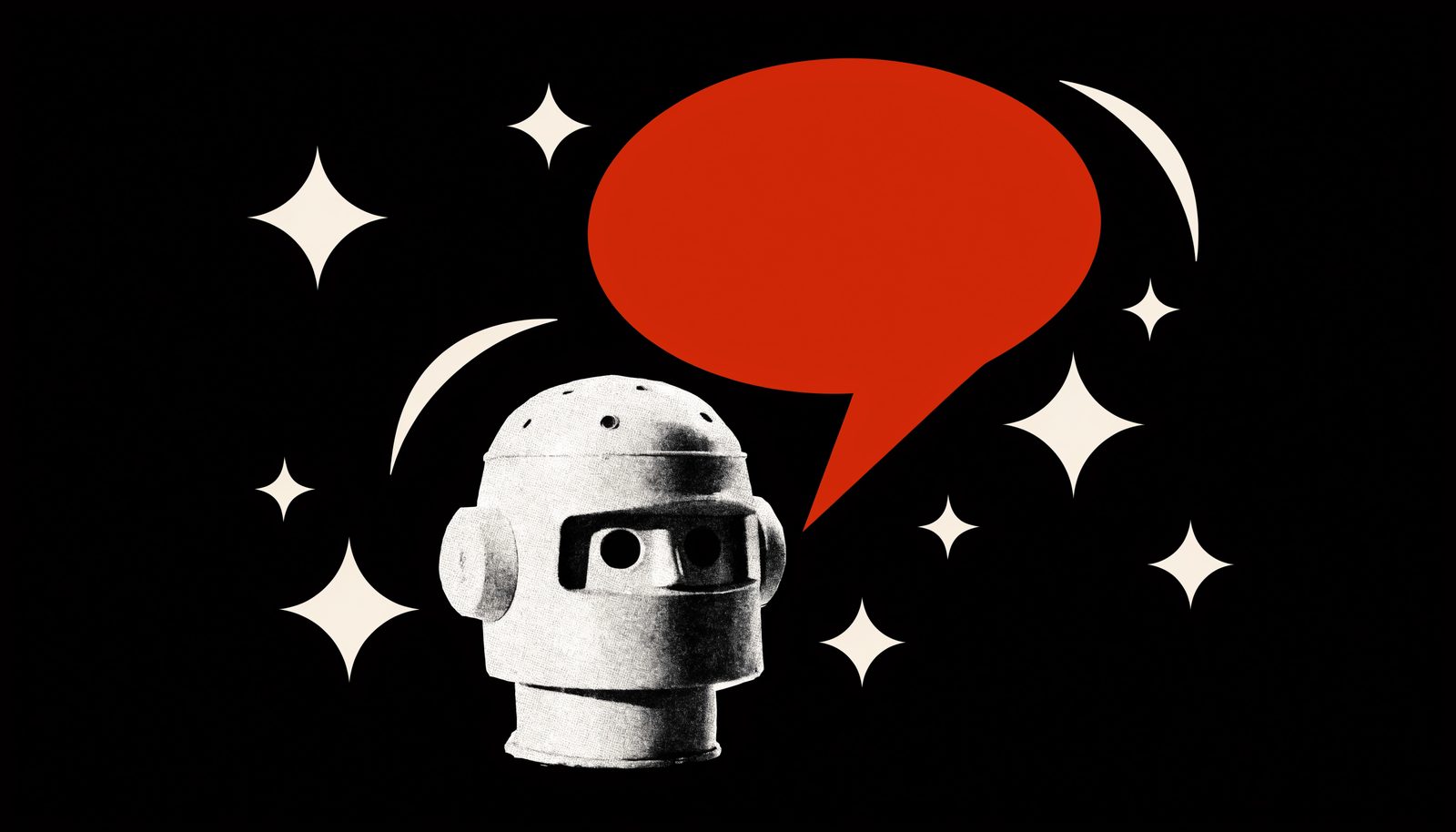 Colaj editorial: un robot retro cu un balon de dialog roșu